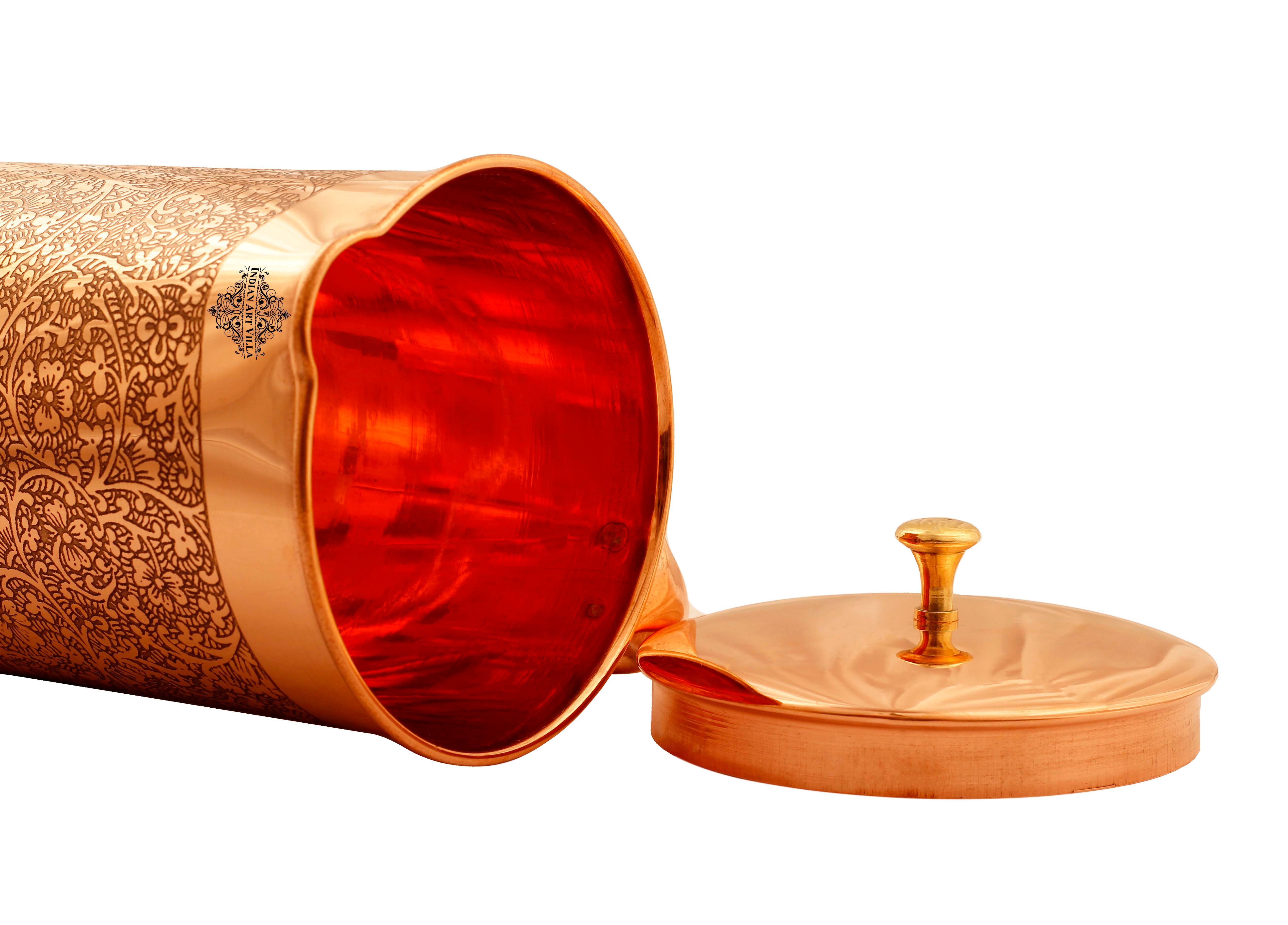 Pure copper embossed jug with brass knob on lid half embossed, 2000 ML